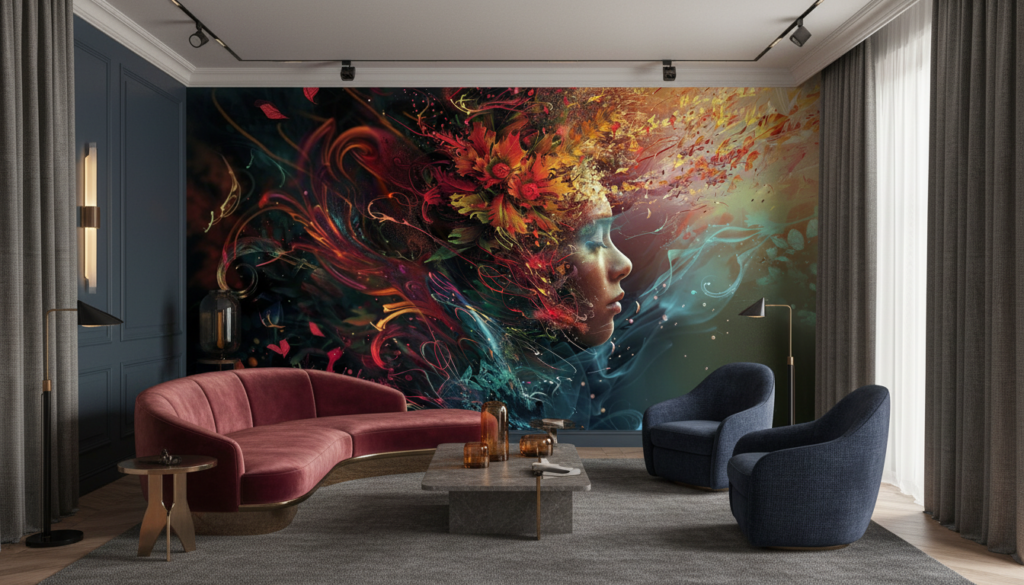 Portrait Artistique aux Flammes Colorées et Éléments Floraux Abstraits - Salon / Séjour