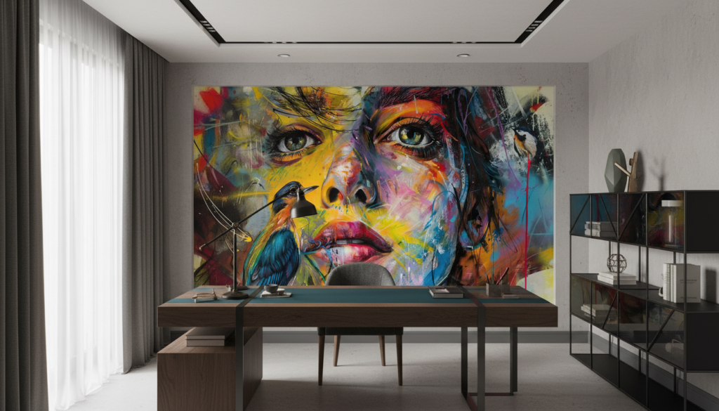 Portrait artistique coloré avec oiseau exotique style street art contemporain - Bureau