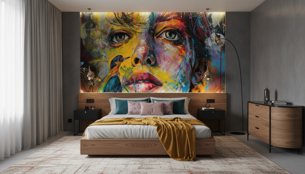 Portrait artistique coloré avec oiseau exotique style street art contemporain - Chambre adulte