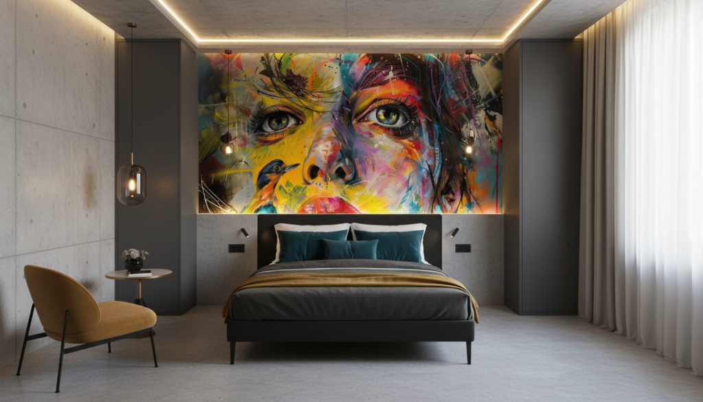 Portrait artistique coloré avec oiseau exotique style street art contemporain - Hôtel