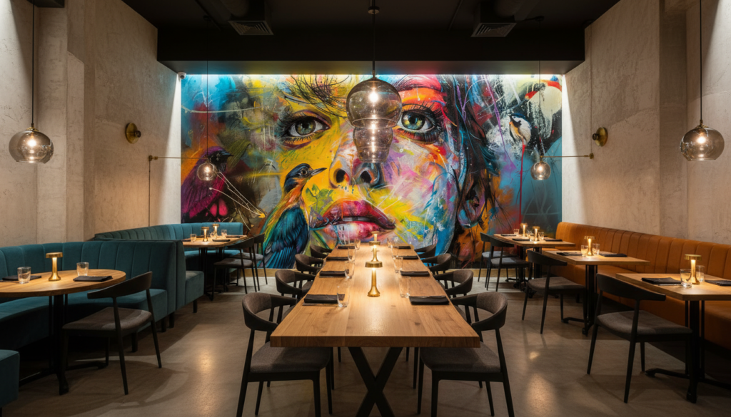 Portrait artistique coloré avec oiseau exotique style street art contemporain - Restaurant