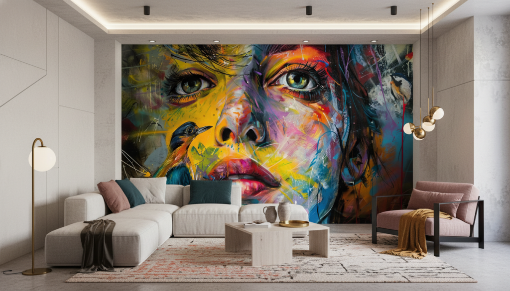 Portrait artistique coloré avec oiseau exotique style street art contemporain - Salon / Séjour