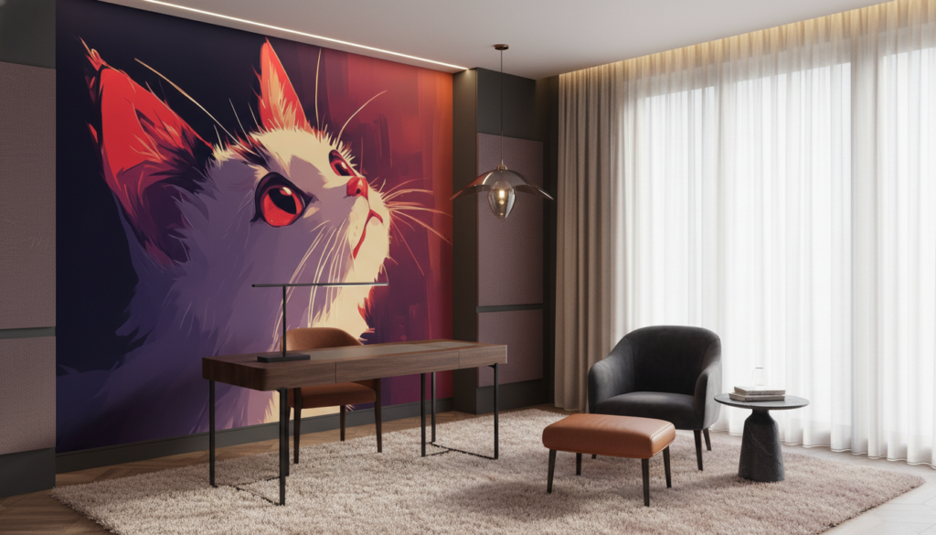 Portrait Artistique de Chat aux Yeux Rouge Lumineux Style Moderne - Bureau