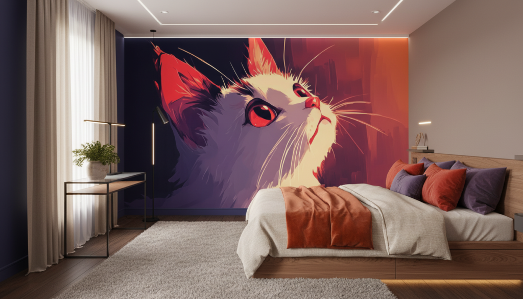 Portrait Artistique de Chat aux Yeux Rouge Lumineux Style Moderne - Chambre ado
