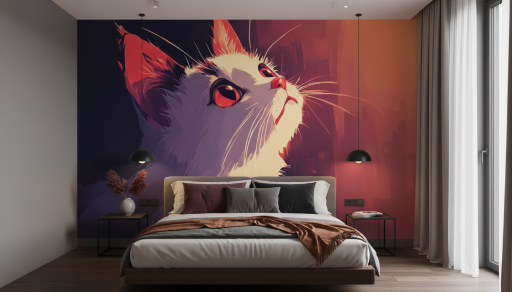 Portrait Artistique de Chat aux Yeux Rouge Lumineux Style Moderne - Chambre adulte
