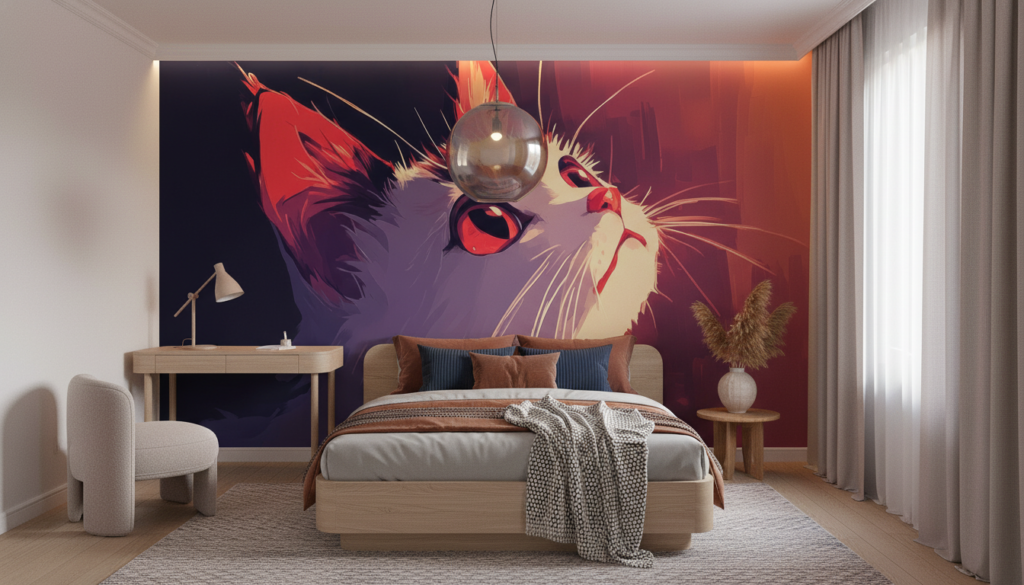 Portrait Artistique de Chat aux Yeux Rouge Lumineux Style Moderne - Chambre enfant