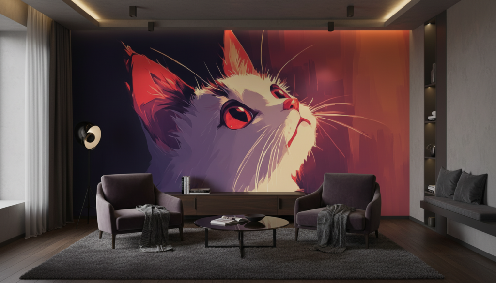 Portrait Artistique de Chat aux Yeux Rouge Lumineux Style Moderne - Salon / Séjour