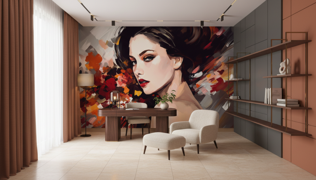 Portrait Artistique Féminin aux Éclaboussures de Couleurs Automnales - Bureau