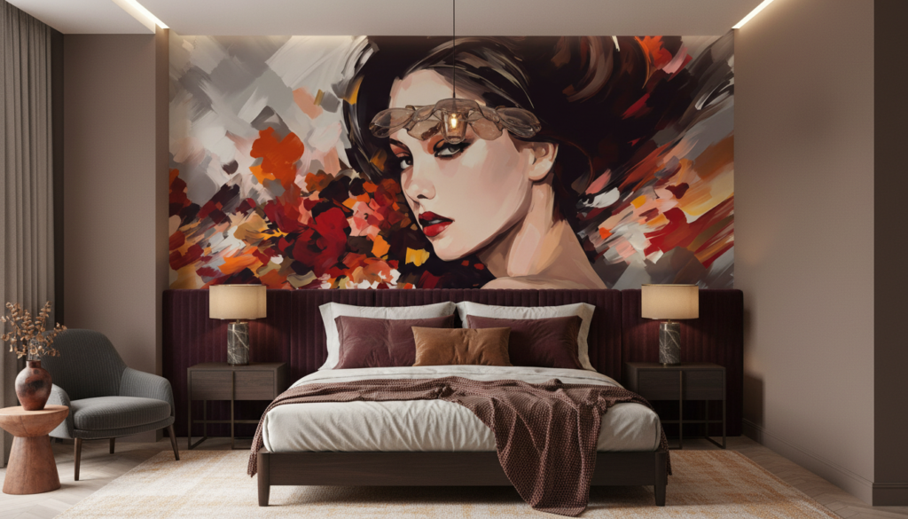 Portrait Artistique Féminin aux Éclaboussures de Couleurs Automnales - Chambre adulte