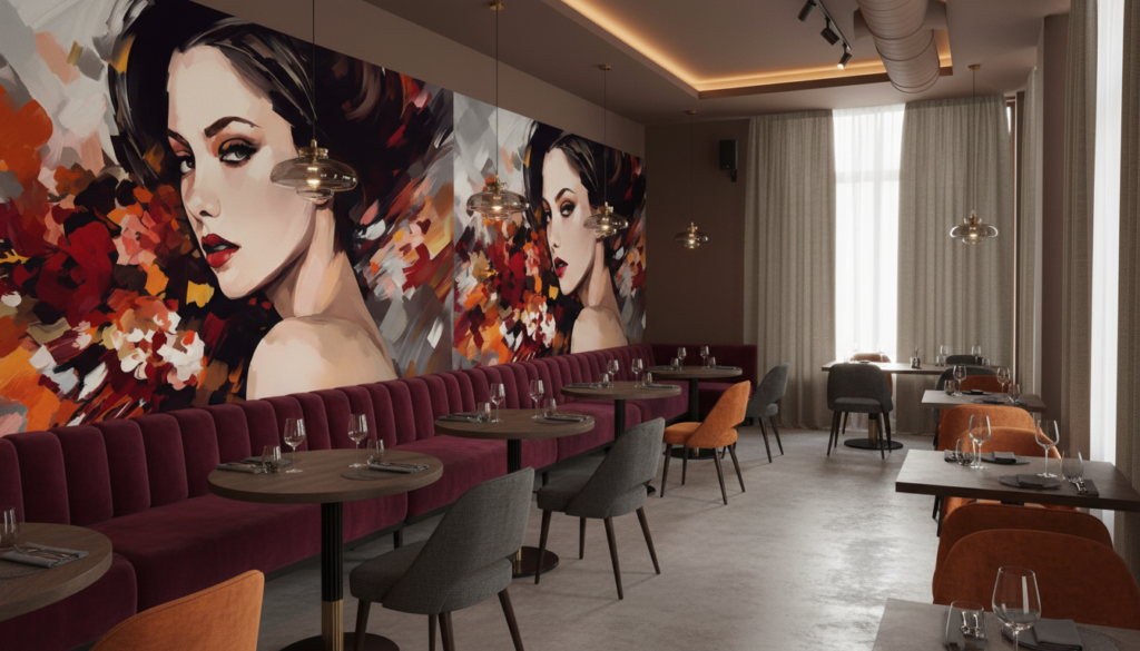 Portrait Artistique Féminin aux Éclaboussures de Couleurs Automnales - Restaurant