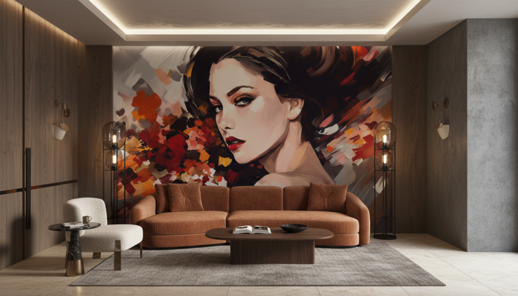 Portrait Artistique Féminin aux Éclaboussures de Couleurs Automnales - Salon / Séjour