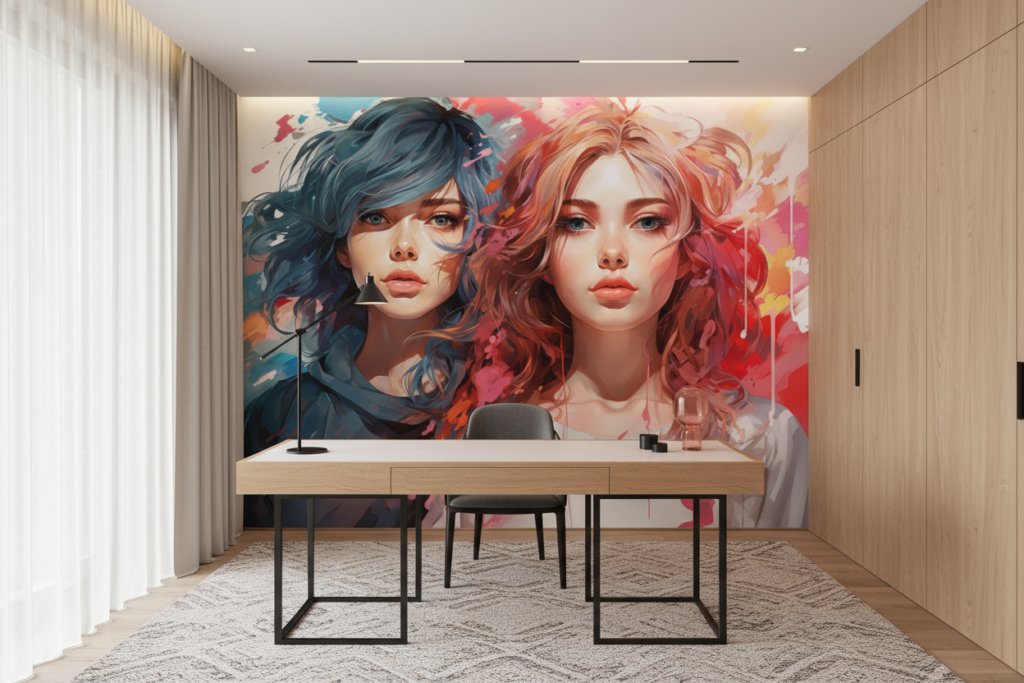 Portrait Artistique Féminin aux Couleurs Vives et Abstraites - Bureau