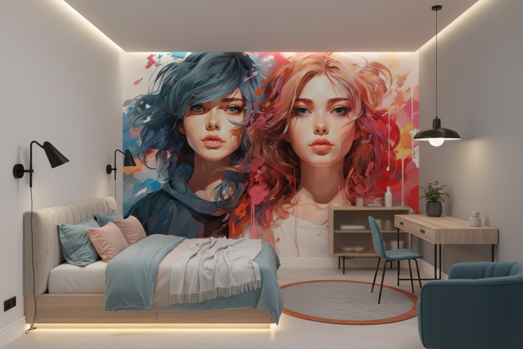 Portrait Artistique Féminin aux Couleurs Vives et Abstraites - Chambre ado