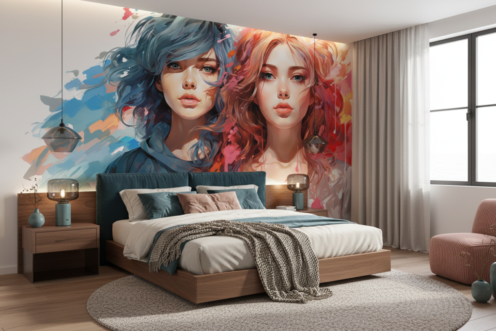 Portrait Artistique Féminin aux Couleurs Vives et Abstraites - Chambre adulte