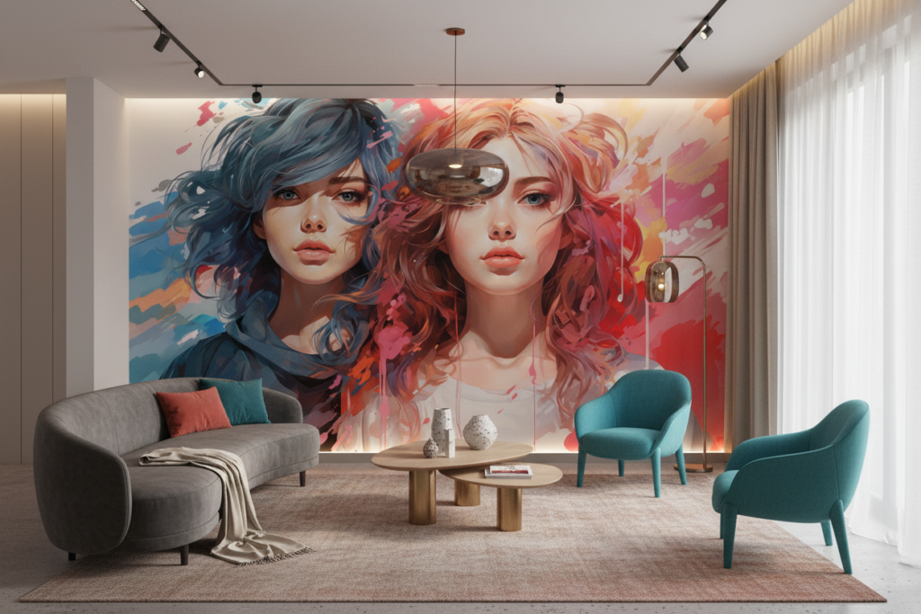 Portrait Artistique Féminin aux Couleurs Vives et Abstraites - Salon / Séjour