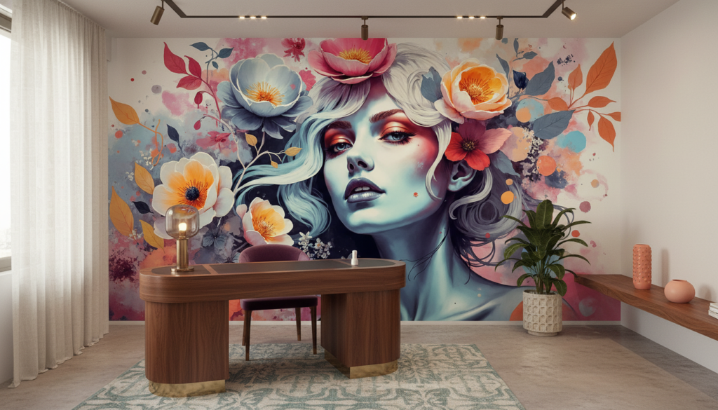 Portrait Artistique Femme aux Fleurs Aquarelle Colorée Moderne - Bureau