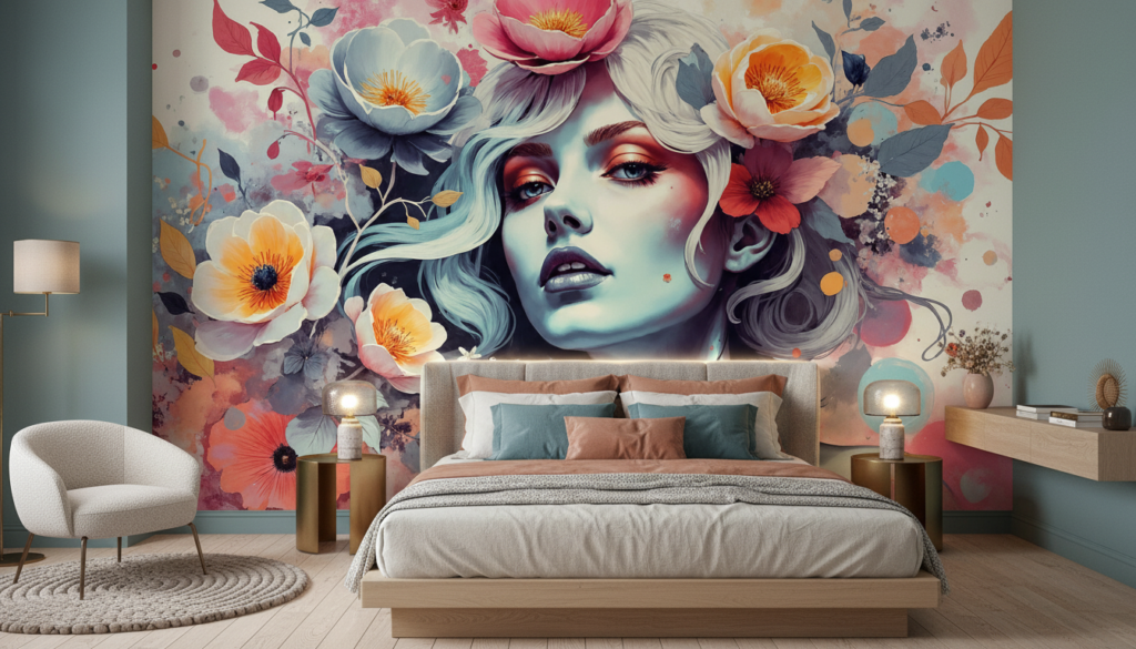 Portrait Artistique Femme aux Fleurs Aquarelle Colorée Moderne - Chambre adulte