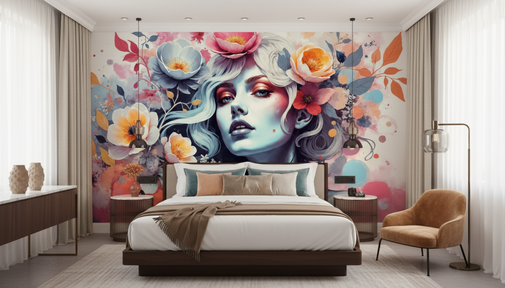 Portrait Artistique Femme aux Fleurs Aquarelle Colorée Moderne - Hôtel