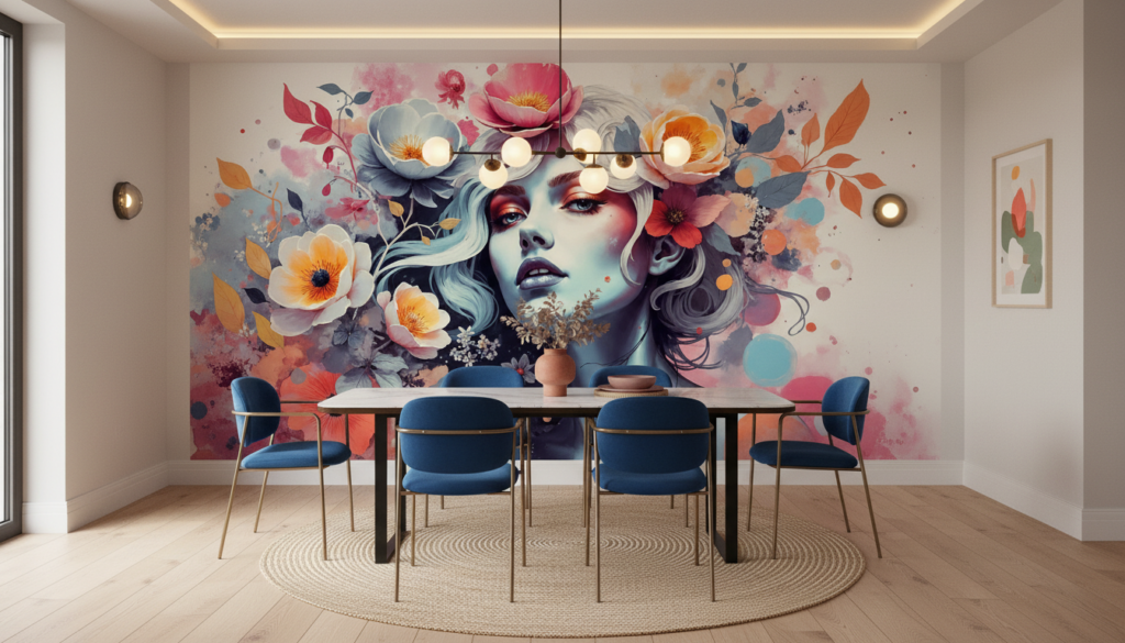 Portrait Artistique Femme aux Fleurs Aquarelle Colorée Moderne - Salle à manger