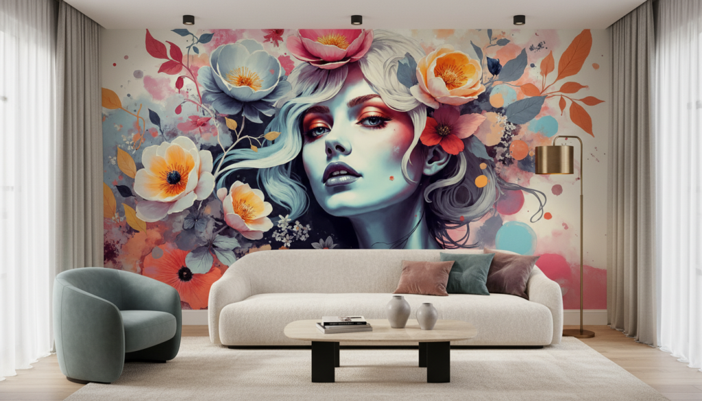 Portrait Artistique Femme aux Fleurs Aquarelle Colorée Moderne - Salon / Séjour