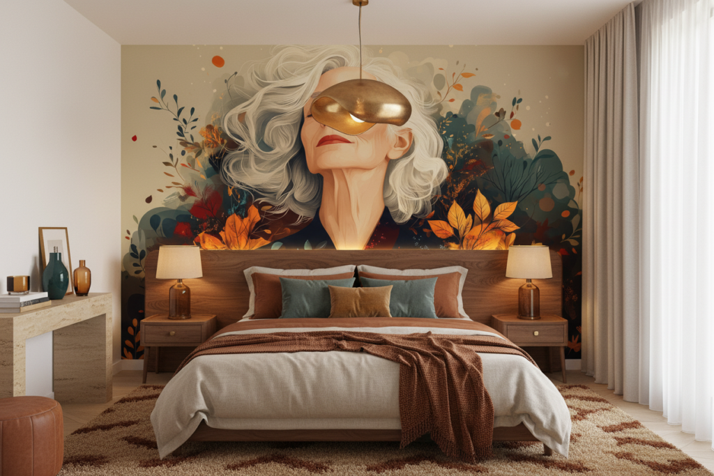 Portrait artistique femme élégante feuillage automnal tons chauds - Chambre adulte