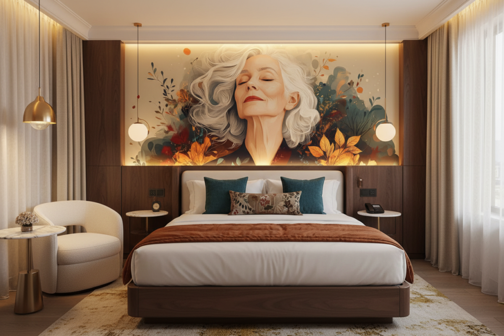 Portrait artistique femme élégante feuillage automnal tons chauds - Hôtel