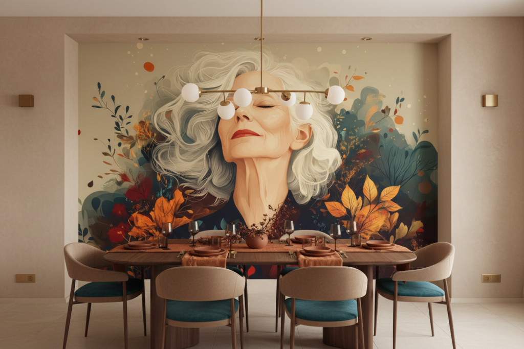 Portrait artistique femme élégante feuillage automnal tons chauds - Salle à manger