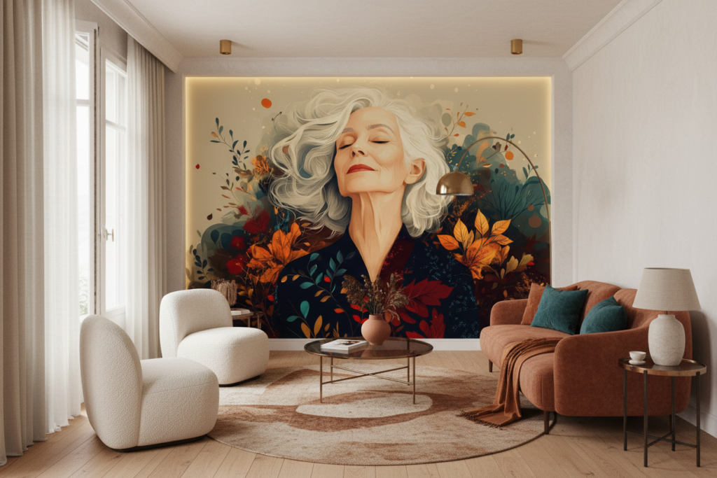 Portrait artistique femme élégante feuillage automnal tons chauds - Salon / Séjour