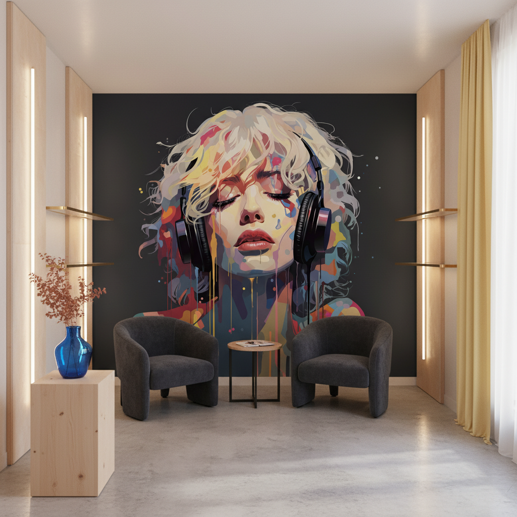 Portrait Artistique Multicolore avec Écouteurs - Style Pop Art Contemporain - Boutique