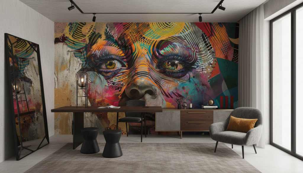 Portrait Artistique Multicolore Style Street Art Contemporain Vibrant - Bureau