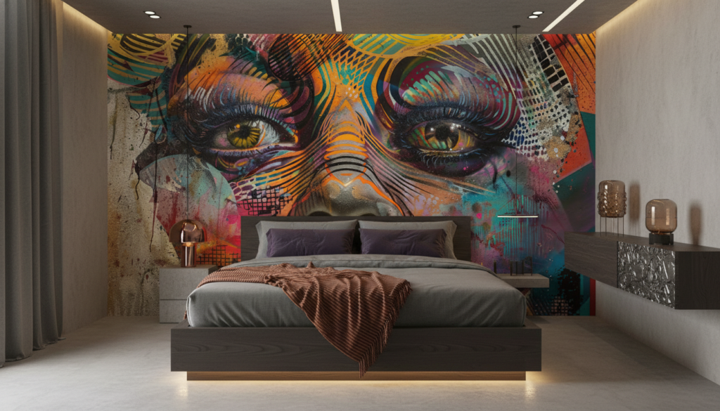 Portrait Artistique Multicolore Style Street Art Contemporain Vibrant - Chambre adulte