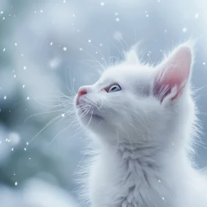 Chaton blanc dans la neige regard vers le ciel étoilé