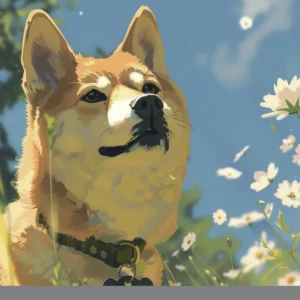 Papier Peint Shiba Inu dans un Champ de Marguerites Blanches