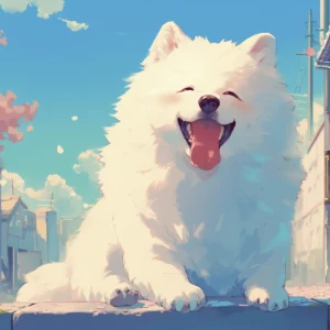 Papier peint chien géant kawaii dans ville japonaise colorée