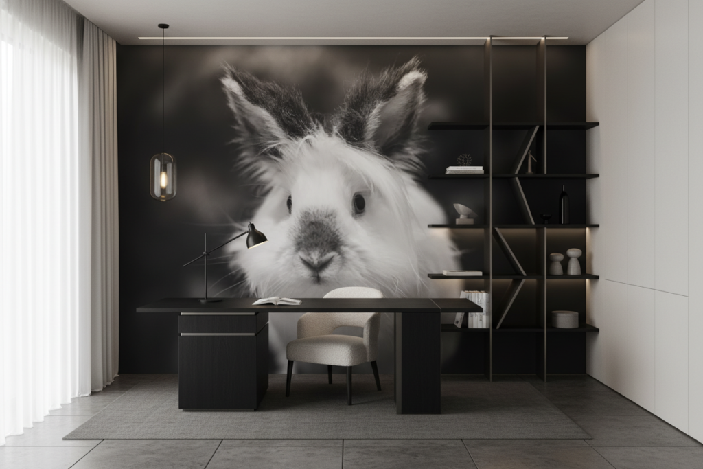Portrait de Lapin Noir et Blanc Style Photographique Artistique - Bureau