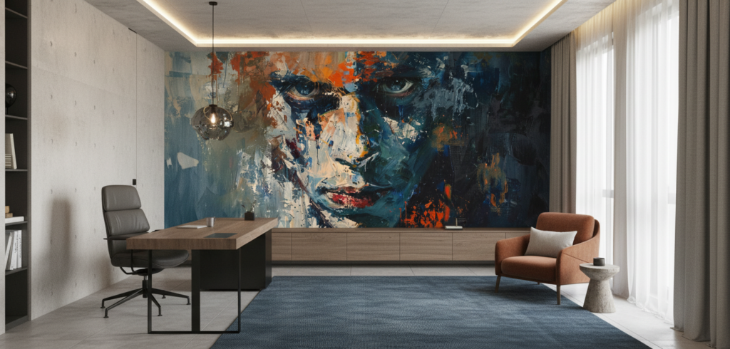 Portrait expressionniste abstrait aux tons bleus et oranges éclatants - Bureau