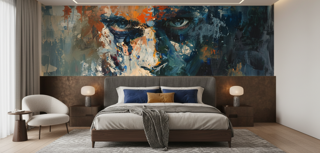 Portrait expressionniste abstrait aux tons bleus et oranges éclatants - Chambre adulte