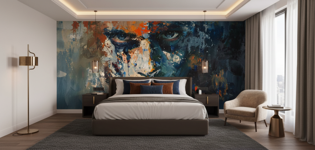 Portrait expressionniste abstrait aux tons bleus et oranges éclatants - Hôtel