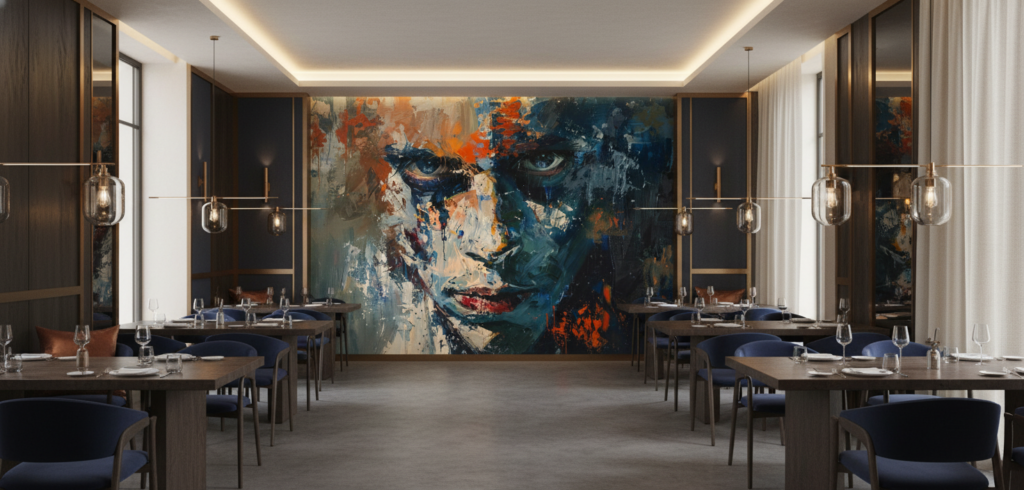 Portrait expressionniste abstrait aux tons bleus et oranges éclatants - Restaurant