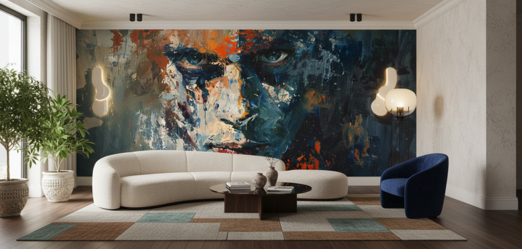 Portrait expressionniste abstrait aux tons bleus et oranges éclatants - Salon / Séjour