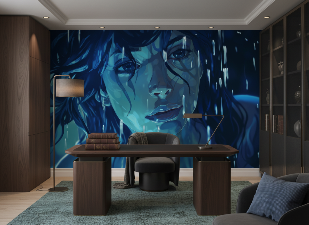 Portrait Féminin Artistique Sous la Pluie Teintes Bleues - Bureau