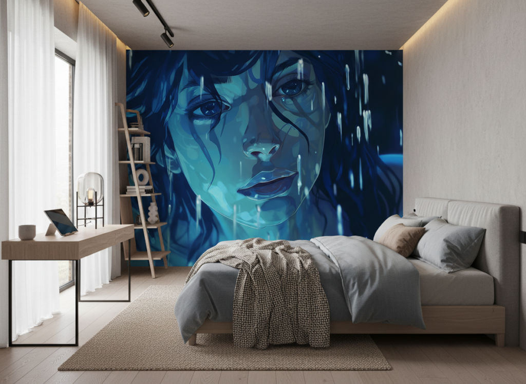 Portrait Féminin Artistique Sous la Pluie Teintes Bleues - Chambre ado