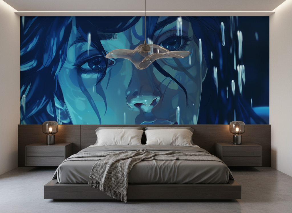 Portrait Féminin Artistique Sous la Pluie Teintes Bleues - Chambre adulte