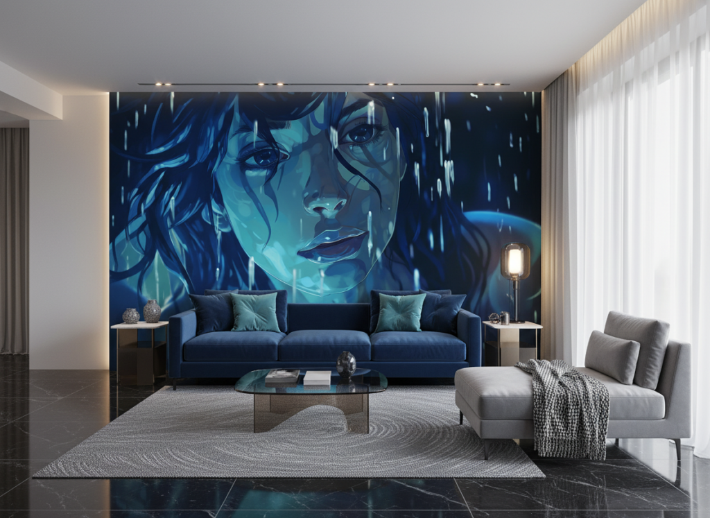 Portrait Féminin Artistique Sous la Pluie Teintes Bleues - Salon / Séjour