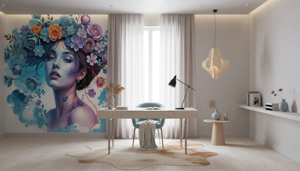 Portrait féminin fantastique avec couronne florale multicolore et aquarelle - Bureau