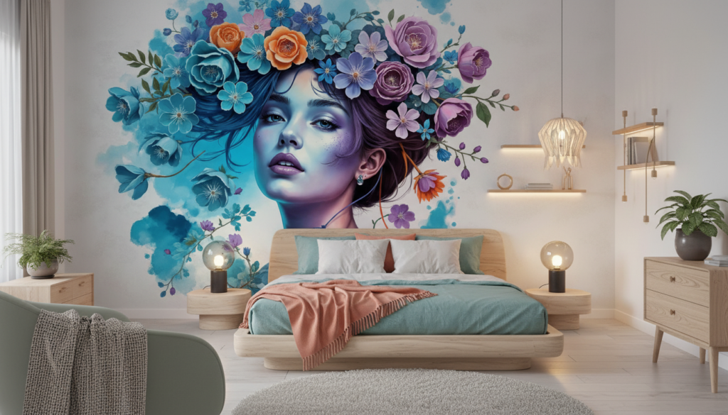 Portrait féminin fantastique avec couronne florale multicolore et aquarelle - Chambre ado