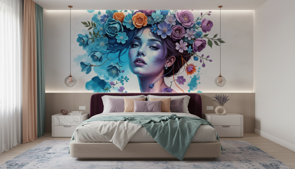 Portrait féminin fantastique avec couronne florale multicolore et aquarelle - Chambre adulte