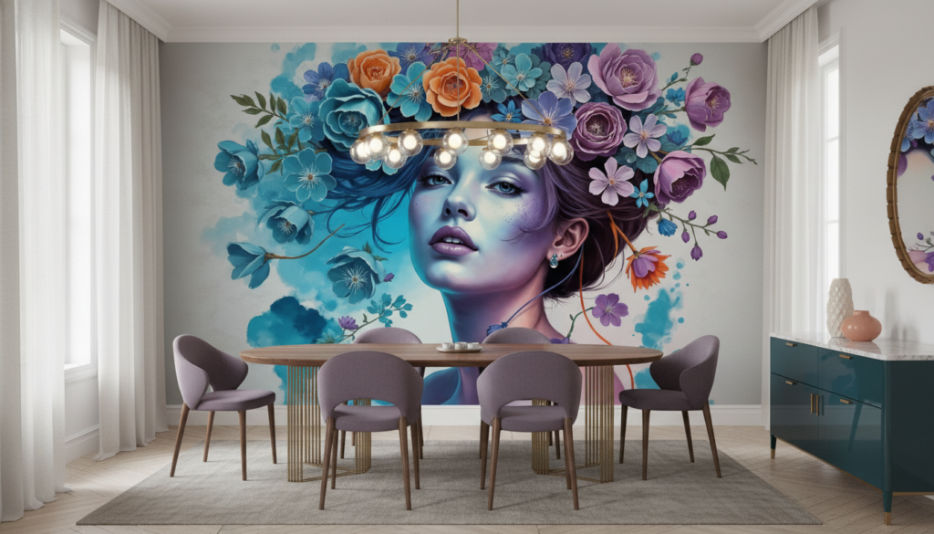 Portrait féminin fantastique avec couronne florale multicolore et aquarelle - Salle à manger