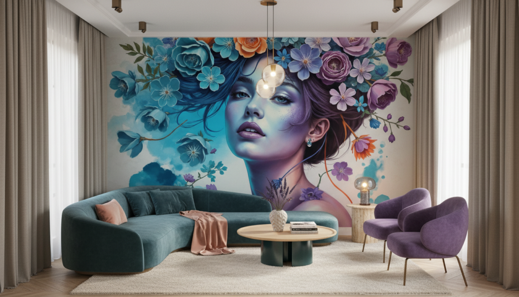 Portrait féminin fantastique avec couronne florale multicolore et aquarelle - Salon / Séjour