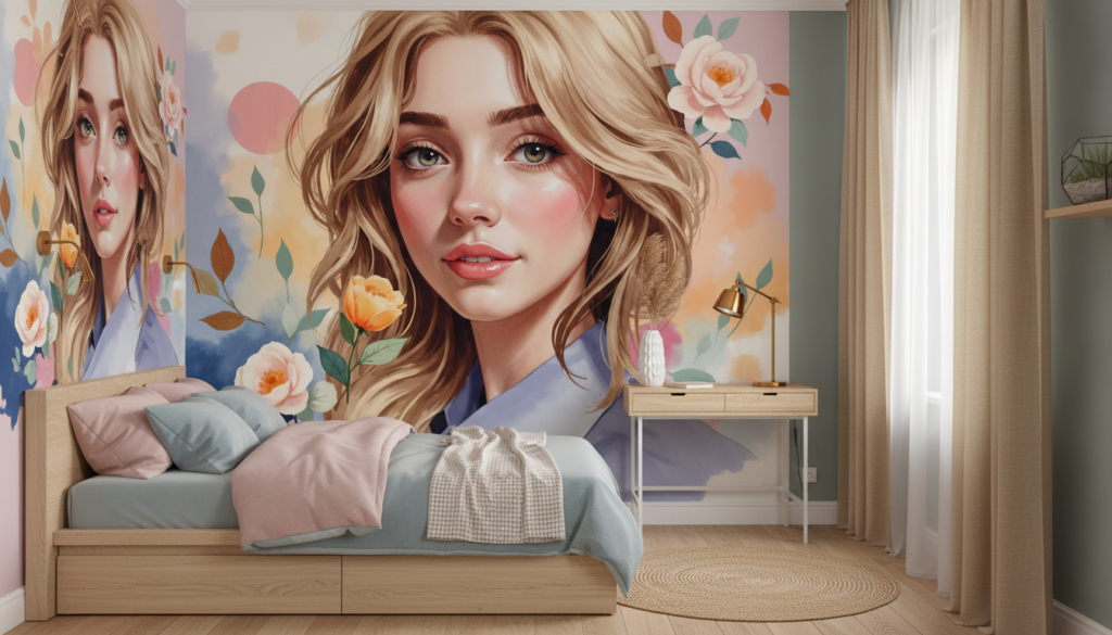 Portrait Féminin Floral avec Roses Peintes Style Artistique Moderne - Chambre ado